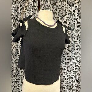 Madewell XXS Black Textured Open Shoulder Top With Tie Accents